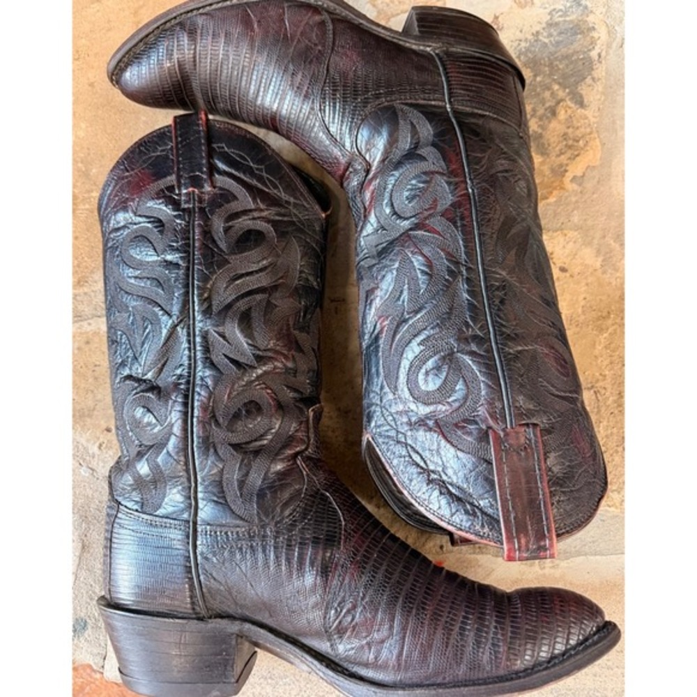 Dan Post Black Cherry Lizard Cowboy Boots Men's 8 EW Western‎ Exotic Leather USA